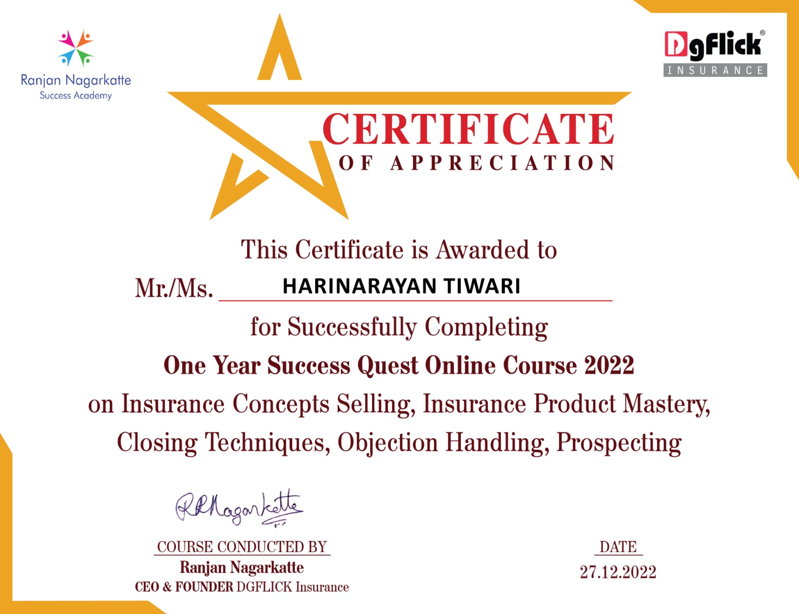 Certificate oF Success Quest Online Course 2022